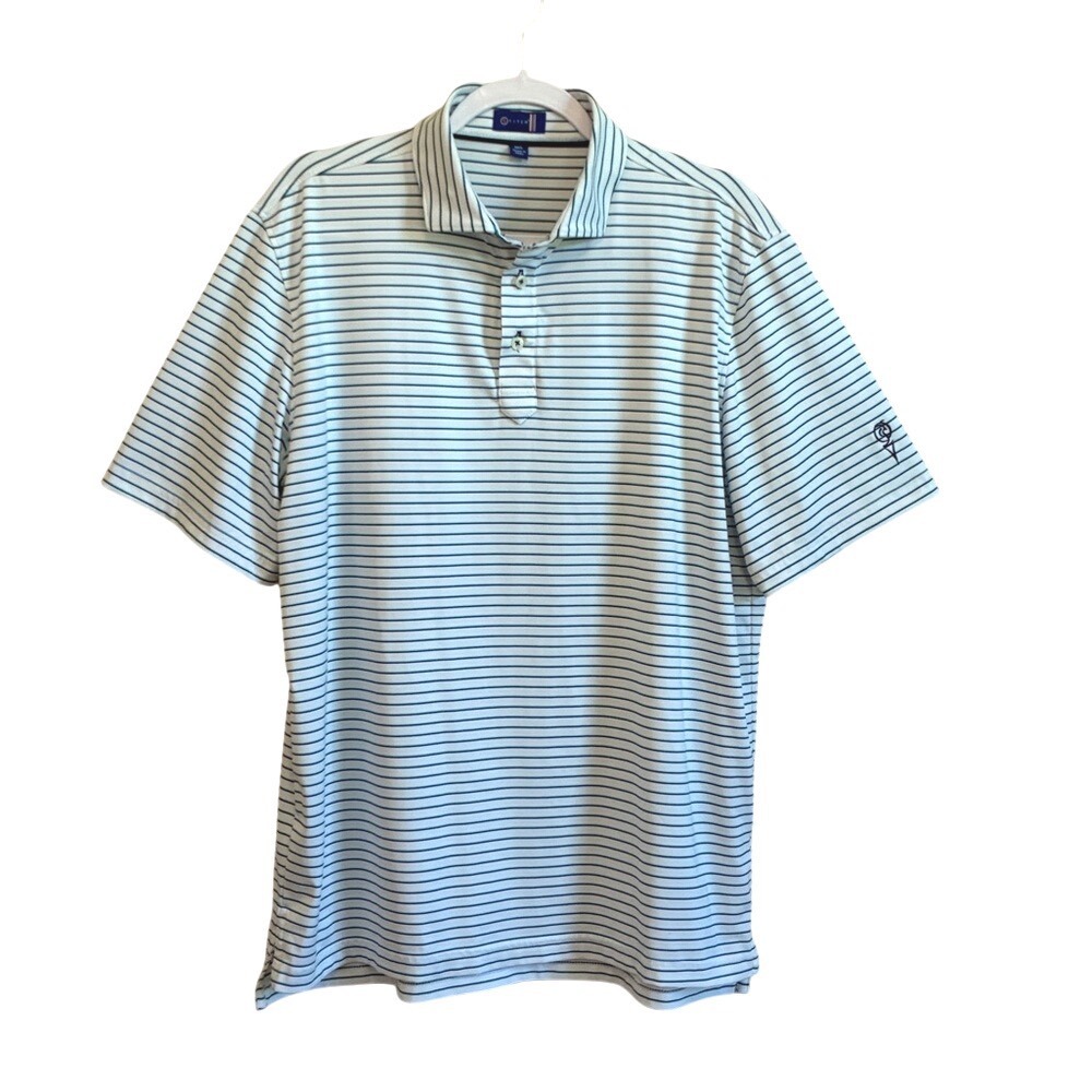 STITCH Men M/L Blue White Striped Short Sleeve Golf Polo Preppy Gorpcore Classic